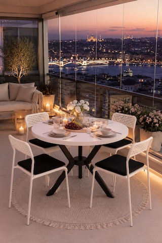 Beyaz 4 Kişilik Minderli Balkon Takımı, Balkon Masası, Balkon Sandalyesi, Yuvarlak Masa, Yemek Masası, Mutfak Masa Sandalye Takımı, 4 Sandalye 1 Masa Beyaz/siyah-beyaz
