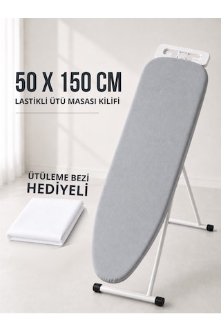 Beylini Ütü Masası Kılıfı Ütü Bezi Hediyeli Lastikli 4 Katmanlı Yanmaz Isıya Dayanıklı Süngerli Pamuklu Ütü Kılıfı 50x150 Cm Gri