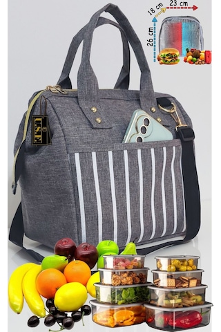 Sıcak, Soğuk Isı Yalıtımlı Termal Termoslu Yemek, Mama, Beslenme, Gıda İçin Askılı Taşıma Çantası Gri