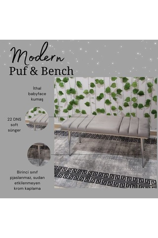 Özcan Metal Krom Metal Ayaklı Metal Kasalı Bench Mutfak Salon Antre Yatak Odası Balkon Puf Bank Gri