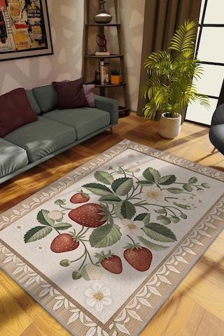 Homshtag Art Deco Çilek Desenli Halı Bitki Temalı Krem Renk Modern Çilek Desenli Dijital Baskı Halı Çok Renkli