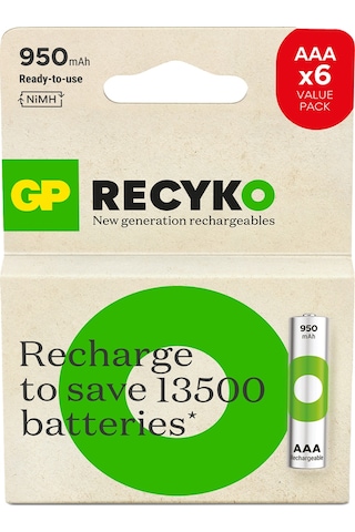 GP ReCyko 661094 1000 Serisi 950 mAh AAA Ni-MH Şarj Edilebilir İnce Kalem Pil 4 + 2'li