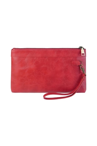 Shidai888 Retro Deri Debriyaj Fermuarlı Zarf Çanta Kırmızı