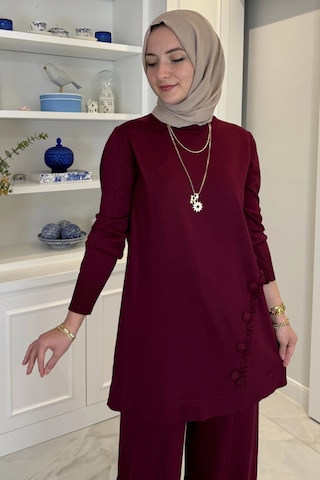 Rabia Şamlı Feryal Pantolonlu Triko Takım Bordo Normal