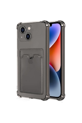 Apple Uyumlu iPhone 13 Kılıf Darbe Emici Köşe Korumalı Kartlıklı Cüzdanlı Silikon Kapak - Füme
