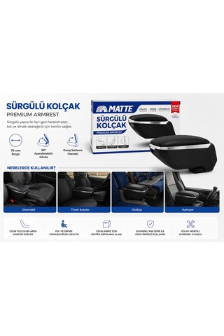 Matte Universal Sürgülü Araç Kolçağı Geniş Saklama Hazneli Ayarlanabilir Siyah