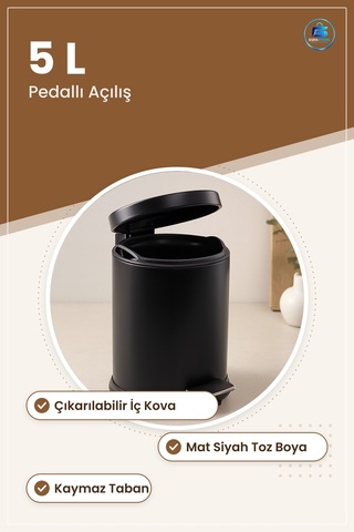Pedallı Metal Çöp Kovası 5 L Siyah Mat Toz Boya Kaplama Çıkarılab