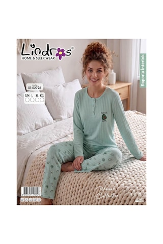 Boyraz Lindros Kadın Düğme Yaka Raporlu İnterlok Kışlık Pijama Takımı 02796 - 1 Adet Yeşil