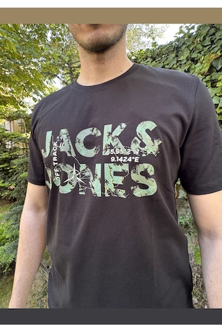 Jack & Jones 12215700 Techlogo Bisiklet Yaka Logolu Erkek Tişört Siyah Beyaz