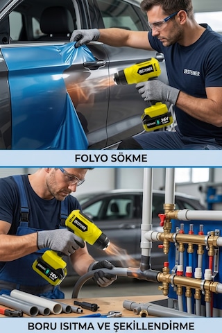 Steiner 36v Profesyonel Çift Akülü Boya Etiket Folyo Sökme Boru Isıtma 2 Kademeli Sıcak Hava Tabancası Sarı