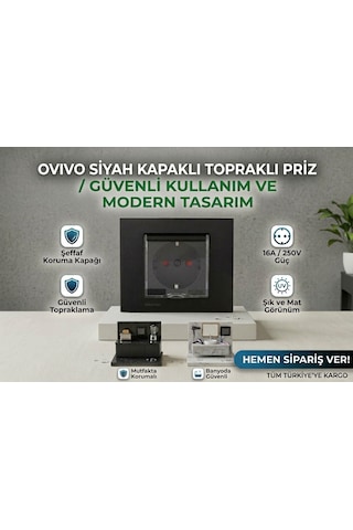 Ovivo Grano Siyah Kapaklı Topraklı Priz Çerçeve + Mekanizma Tam Set