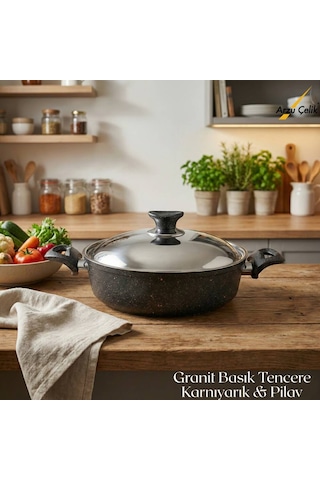26 Cm Granit Karnıyarık & Pilav Tenceresi Çelik Kapak - Siyah Siyah