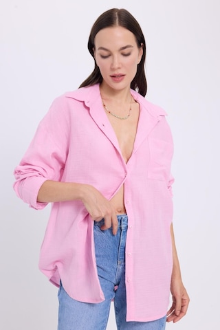 Tudors Kadın Oversize Geniş Kesim %100 Pamuk Müslin Kumaş Uzun Kollu Cepli Dokulu Lila Gömlek-37930 Lila