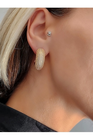 Yarım Halka Boru Model Full Taşlı Elegant Altın Kaplama Gold Renkli Çelik Küpe Gold