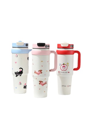 Jian Fan Termos Kupası Kız Çocuk Büyük Kapasiteli Buz Bardağı Hasır Bardak - Kırmızı Kırmızı