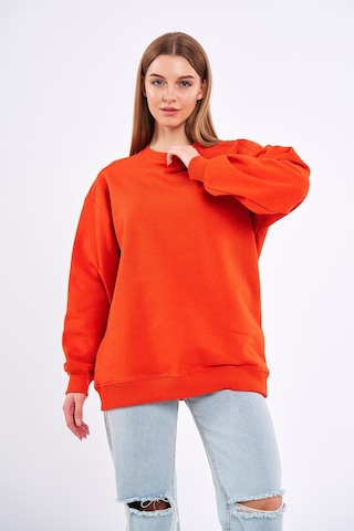 Comeor Turuncu Kadın Pamuklu Oversize Basic Bisiklet Yaka Sweatshirt 001