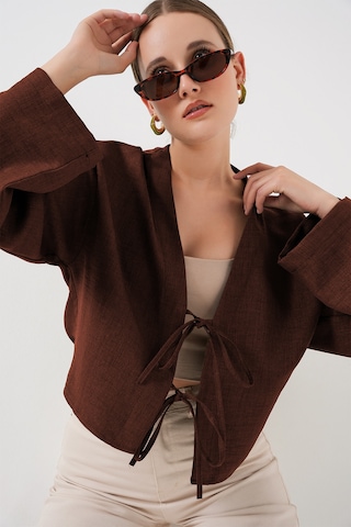 Bigdart Önü Bağlamalı Keten Kimono 960 - Kahverengi