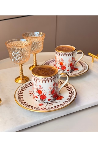 2 Kişilik Porselen Nostalji Kahve Fincanı Takımı-7483 Turuncu
