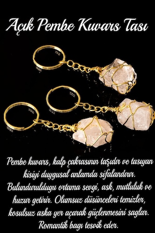Sertifikalı Gerçek Tel Sargılı Ham Işlenmemiş Pembe Kuvars Taşı Anahtarlık Altın Kaplama