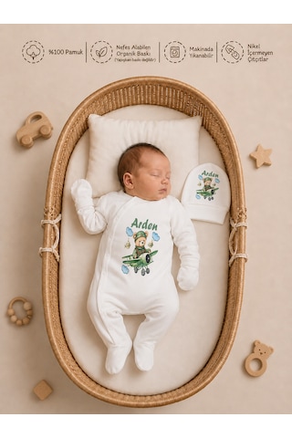 Pia Baby İsme Özel Erkek Bebek Hastane Çıkışı Battaniyeli Tulum Seti %100 Pamuk Ham Bez Kıyafet Kesesi Yenidoğan Bebek Hediyesi 1014btk3x Ekru