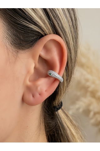 Minimal Yılan Model Zirkon Taşlı Kıkırdak Cuff Gümüş Renk Küpe Silver