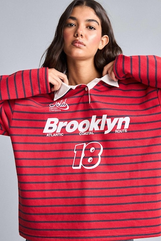 Defacto Oversize Polo Yaka Çizgili Baskılı Kalın Kumaş Sweatshirt H5841ax26wnrd227 Kırmızı-rd227