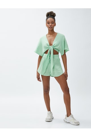 Koton Crop Yoga Tişört Müslin Kimono Görünümlü Bağlama Detaylı Yeşil 3sak10004nw 3SAK10004NW790 Yeşil