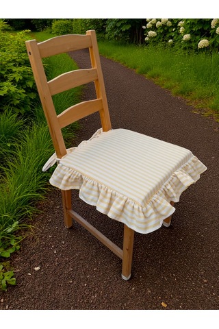 Sarı Çizgili Buldan Yıkanmıs Keten 4 Tarafı Fırfırlı Sandalye Minderi Renkli