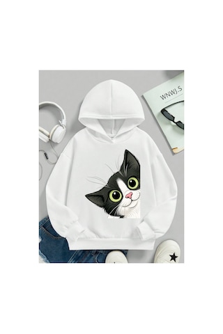 Stil X Sevimli Kediler Baskılı Kapüşonlu Çocuk Sweatshırt Beyaz