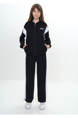 Toontoy Kids Toontoy Kız Çocuk 2'li Takım Baskılı Kapüşonlu Fermuarlı Cepli Sweatshirt & Beli Lastikli Paçası Ayarlanabilir Eşofman Altı - Garni Detaylı & 2 İplik Siyah