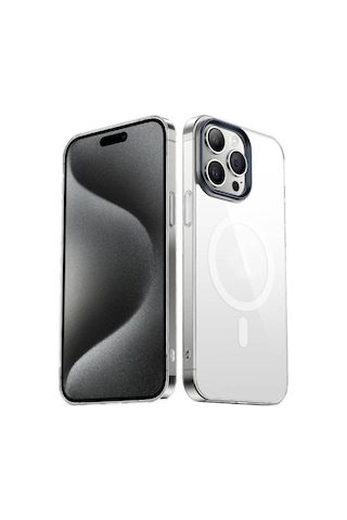 Apple Uyumlu iPhone 15 Pro Max Kılıf Wireless Şarj Özellikli Şeffaf G-glass Kılıf