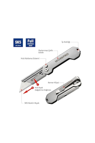 Workpro Wp211016 Paslanmaz Çelik Gövde Katlanır Rötuş Maket Bıçağı Fr Wp211016