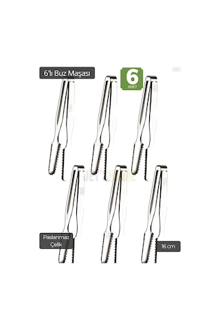 6 Lı Set Buz Maşası Paslanmaz Buz Kaşığı Çelik İnox 16 Cm Gümüş Gri