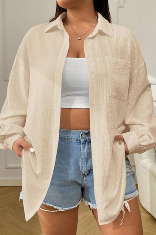 Trendseninle Kadın Bej Tek Cepli Bürümcük Oversize Gömlek Bej