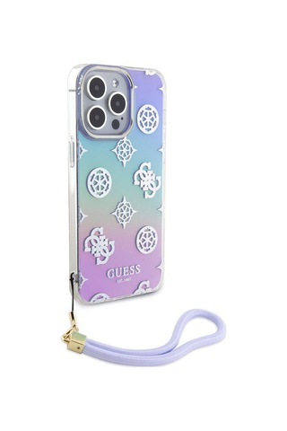 Apple Uyumlu iPhone 15 Pro Max Kılıf Guess Lisanslı Desenli Yazı Logolu Askı İpli Holografik Glitter Peony Siyah