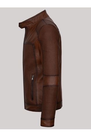 Hakiki Kuzu Derisi Fermuarlı İşlemeli Erkek Deri Mont Taba Taba