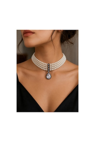 Zirkon Taşlı Su Damlası Sallantılı Choker Tasma İnci Kolye Beyaz 59495113