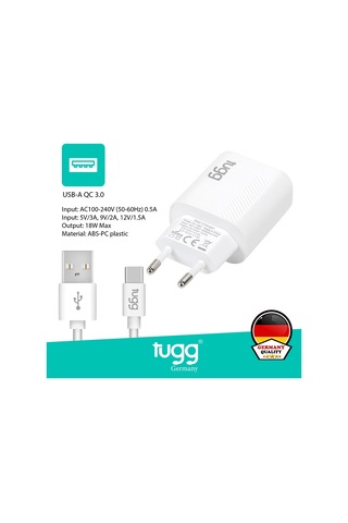 Tugg Germany 104302 18W Isı Ve Akım Korumalı Hızlı Sarj Usb + Type-c Kablolu Akıllı Şarj Başlık Seti Beyaz
