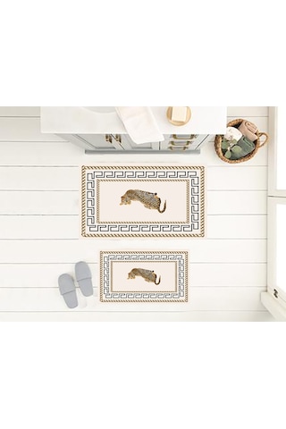 Leopar Desen Banyo Paspası, Kaymaz Taban, Yıkanabilir Paspas, Krem