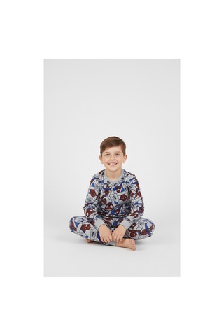 Free Beka Sevimli Karakter Desenli Bisiklet Yaka Çocuk Uzun Kollu Pamuklu Alt Üst Pijama Takımı Gri
