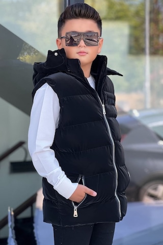 Pina Kids Erkek Çocuk Çıtçıt Kapüşonlu Nova Kumaş Şişme Yelek Ylk3026 Siyah
