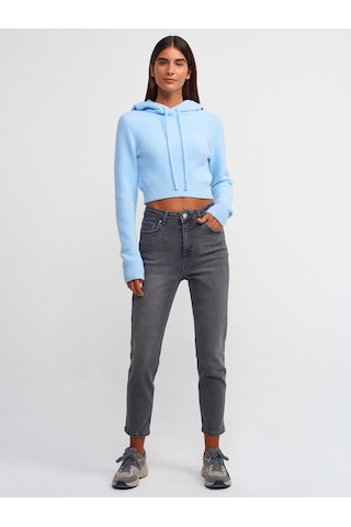 Dilvin Yumuşak Dokulu Kapşonlu Crop Kazak Mavi