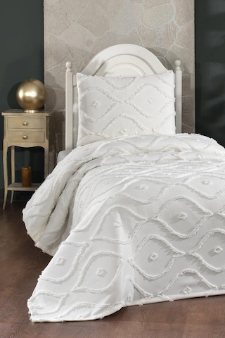 Çeyiz Diyarı Pirot 2 Parça Tek Kişilik Pike Takımı Krem Krem