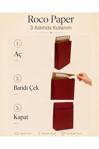 Yapışkan Bantlı Kraft Kese Kağıdı, Bordo Renk, 30x40x10 Cm - 24'lü Paket, Hediye Ve Kargo Zarfı