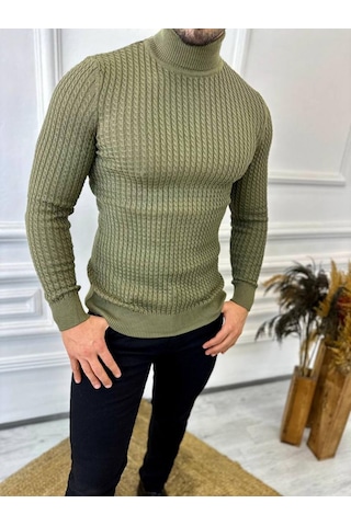 Kazak Slim Fit Tüylenmez Naturel Pamuk Triko Boğazlı Balıkçı Yaka Kazak Haki - Yeşil