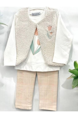 Cantoy Kız Bebek Peluş Yelekli 3 Lü Pantolonlu Takım-15067 Krem