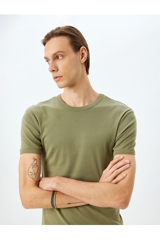 Koton Kısa Kollu Bisiklet Yaka Pamuklu Slim Fit Tişört Khakı 5sam10047hk Haki