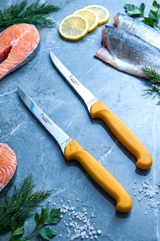Lazbisa Mft-015 Gold Serisi Mutfak Fileto Bıçağı Steak Bıçak Et Balık Tavuk Fileto Bıçağı 2 Li Set Sarı