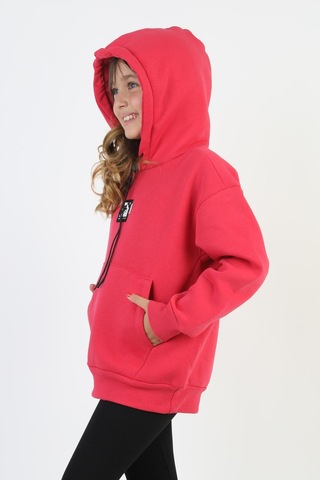 Kapüşonlu Art Baskılı Kanguru Cepli Kız Çocuk Sweatshirt-90847 Fuşya