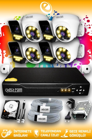 Elitcam 8 Kameralı Süper 4 İç Kamera Set 1 TB 5 MP 2K Net Renkli Gece Görüşlü Güvenlik Kamerası Sistemi